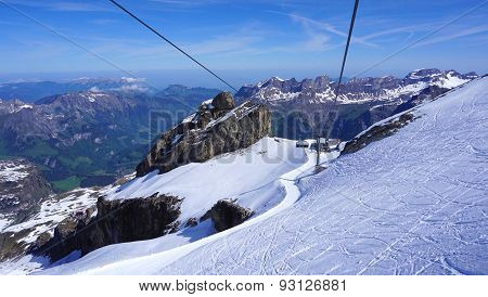 Scene Of Snow Mountains Titlis And Cable Car