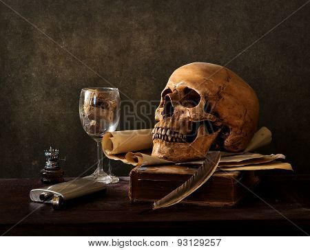 still life with skull pirate wine and map