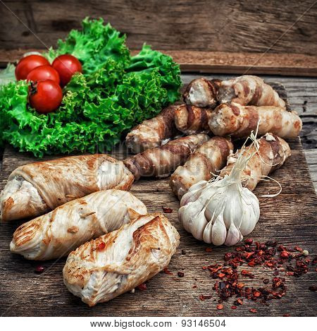 Set Fried Meat Sausages On Wooden Background