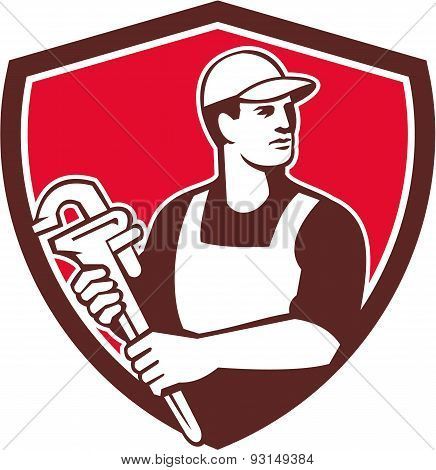 Plumber Wielding Monkey Wrench Shield Retro