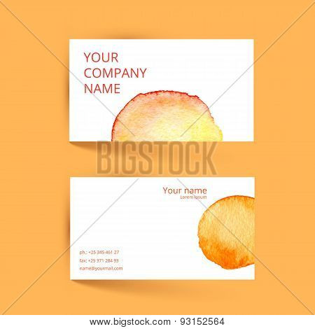 Business card template. Vector watercolor orange design.