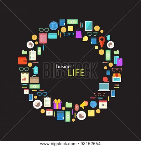 Business life stylized Image. Set of flat icons united in a circ