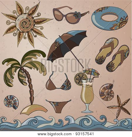 Summer Holidays Seaside Beach Icons Set.