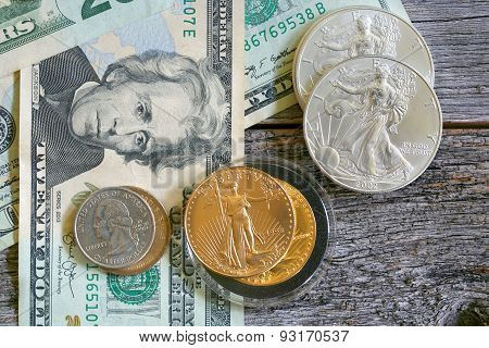 US currency coins and paper bills