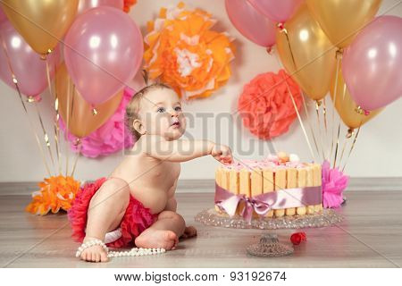 Cute Baby Girl Celebrates Birthday One Year.