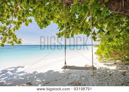 Swing On Beautiful Crystal Clear Sea And White Sand Beach At Tachai Island, Andaman, Thailand
