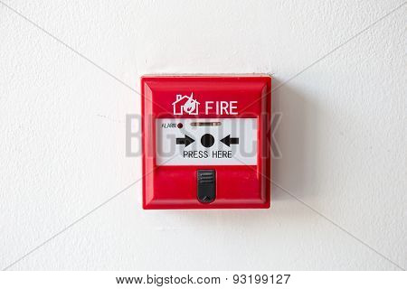 Push Button Switch Fire Alarm Box On Cement Wall For Warning And Security System