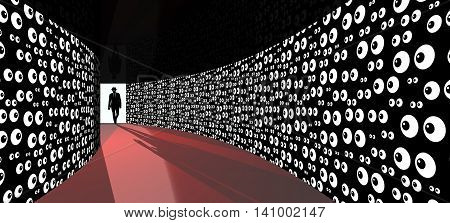 Hallway with the silhouette of a man entering and the walls covered with eyes looking at him surveillance concept 3D illustration