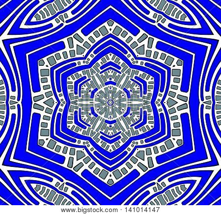 Abstract geometric seamless background. Conspicuous centered ornament in dark blue with white and silver gray elements, hexagon pattern.