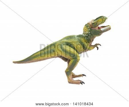 side view green tyrannosaurus toy on a white background