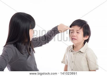 Asian sister and brother quarreling on white background isoated