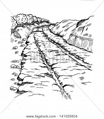 Preceded track, diolkos near Corinth in Ancient Greece. Ancient landmark. The road 6 km long, with deep grooves. They placed a wooden runners greased