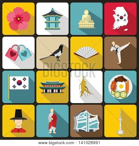 South Korea icons set in flat style. South Korea symbols set collection vector illustration