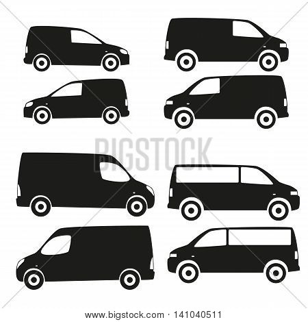 Vectro set of silhouettes of cars. Black isolated icons on white background. Collection of supply vehicles images.