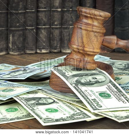 Auction Or Trial Concept With Judges Gavel And Money Heap