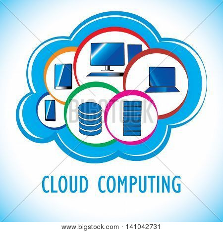 A trendy cloud computing concept showing related hardware involved in the technology.