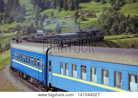 train in the Carpathians at Vorokhta Ukraine