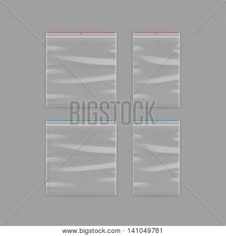 Vector Set of Sealed Empty Transparent Plastic Zipper Bag Close up Isolated on Background
