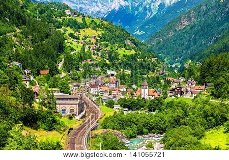 View of Gurtnellen, a village in Swiss Alps, canton Uri