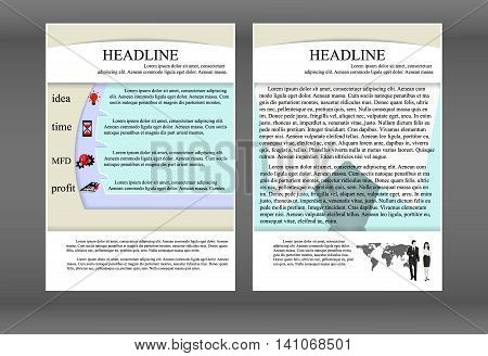 Template business brochure with signs symbols idea whose time MFD manufacturing and profits. Showing two sides face iobratnaya in A4 format.
