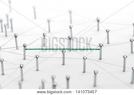 Linking entities. Hotline, VPN tunneling, dedicated line, Network, networking, social media, connectivity, internet communication abstract. Fat green wire in a web of silver wires on white background.