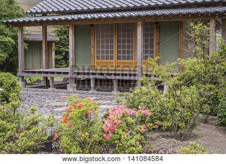 Teahouse stylized in the Japanese style in the summer garden