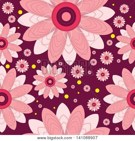 Seamless pattern of flowers and circles. Vector flowers on burgundy background