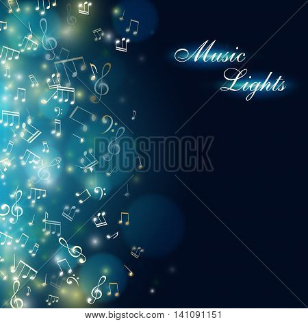 Music background. Abstract banner with colorful light effect and falling notes. Vector illustration