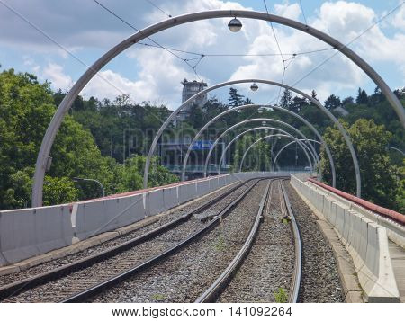 Tram Line Bridge With Arch In Prague Barrandov