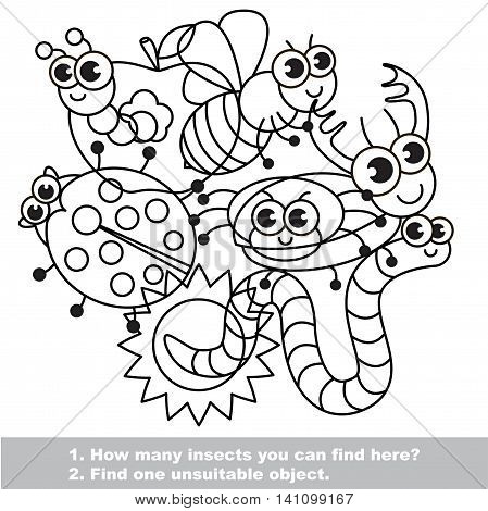 The mishmash of funny insects. The colorless outlined set in vector. Find all hidden objects on the picture. Easy educational kid game. Simple level of difficulty. Visual game for children.