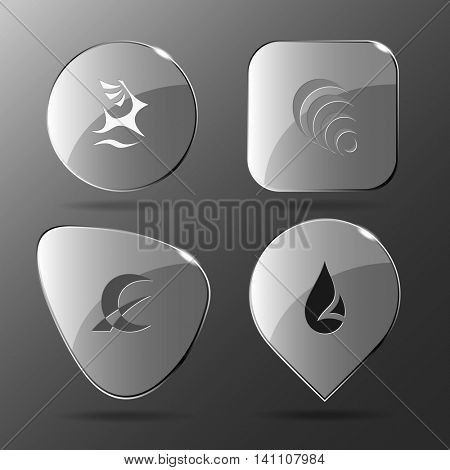 4 images: deer, hanoi pyramid, monetary sign, drop. Abstract set. Glass buttons. Vector illustration icon.