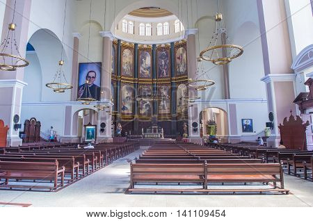SAN SALVADOR EL SALVADOR - MAY 06 : The Cathedral interior in San Salvador El Salvador on May 06 2016. The Cathedral was completed and inaugurated on March 19 1999