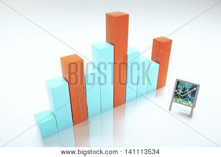 Success concept with abstract business chart bars ladders and flipboard with positive forex graph. 3D Rendering