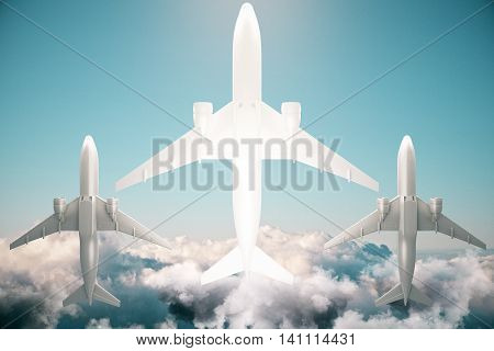 Bottom view of three planes on bright blue sky background with clouds and sunlight. 3D Rendering