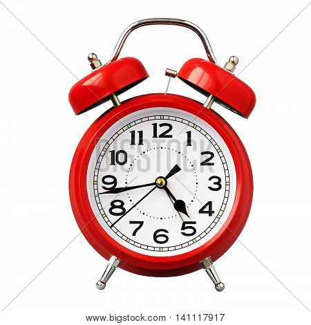 Red retro alarm clock isolated on white background. The sound of the alarm.
