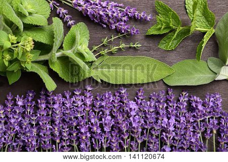 Lavender flowers and aromatic green herbs. Aromatherapy.