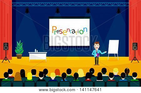 Public Speaking concept. Business Training vector illustration. Speaker in a suit and with microphone standing near flipchart.