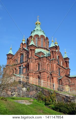HELSINKI FINLAND SEPTEMBER 26 2105: Uspenski Cathedral is an Eastern Orthodox cathedral in Helsinki, Finland, dedicated to the Dormition of the Theotokos (the Virgin Mary).