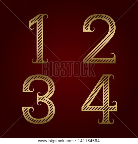 One two three four golden striped numbers with flourishes. Diagonal stripes vintage font.