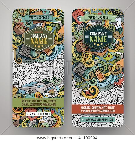 Cartoon cute colorful vector hand drawn doodles travel corporate identity. 2 verical journey banners design. Templates set