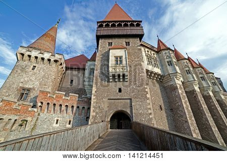 Day view on Corvin castle one of famous Romanian landmarks located in Transylvania also related to Dracula names and vampires.