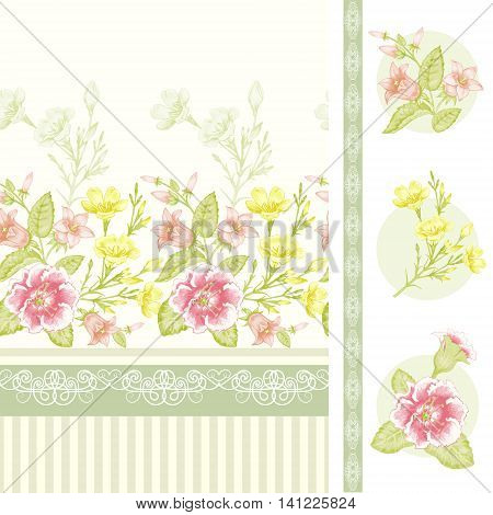 Primroses bluebells spring flowers. Illustration of a floral border with lace and stripes on a white background. Victorian style. Vector. Seamless pattern.