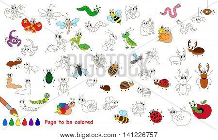 The collection of insects to be colored. Coloring set for children. Visual educational game. Easy kid gaming. Simple level of difficulty.