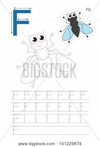 Vector illustrated worksheet. Learn handwriting. Gaming and education. Page to be traced. Easy educational kid game. Simple level. Complete eng alphabet. Tracing worksheet for letter F. Fly.