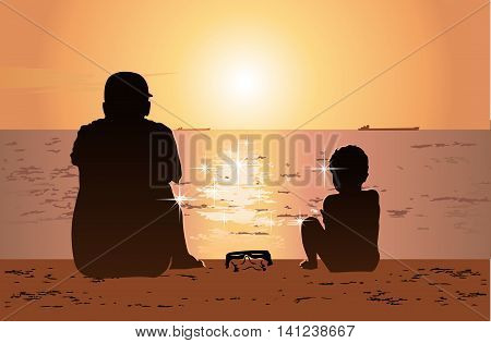 Father and son sitting together on the beach and watching sunset. Available eps-10 vector format separated by groups and layers.