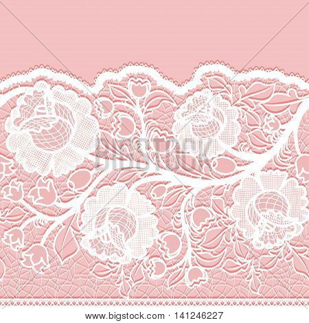 Seamless horizontal lace ribbon with unusual floral pattern on a pink background. Suitable for issuing invitations greeting cards and gift wrapping. Vector illustration.