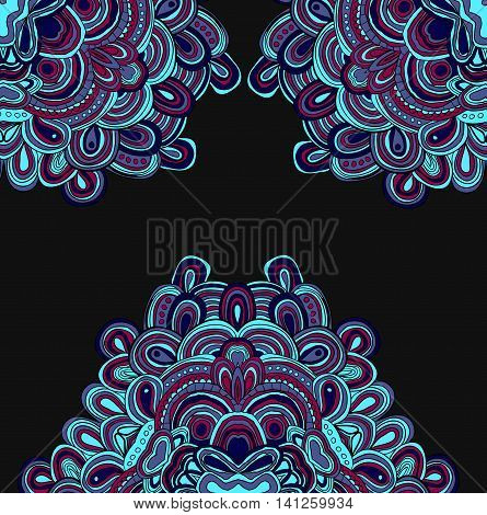 Vector hand drawn template. Lines pattern in blue colors. Mandala. Down down and up side ornament.