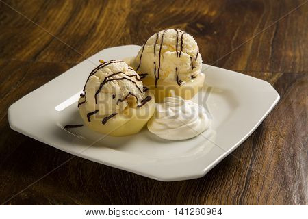 Dessert With Ice Cream And Poached Pears