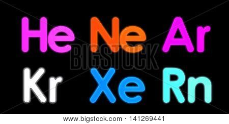 He Xe Ne Ar Kr Rn element symbol isolated on black background. 3D rendering