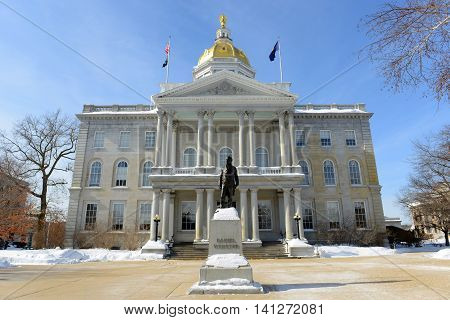 New Hampshire State House in winter, Concord, New Hampshire, USA. New Hampshire State House is the nation's oldest state house, built in 1816 - 1819.